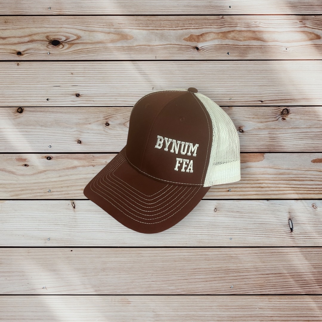 Brown and cream trucker cap with BYNUM FFA embroidery