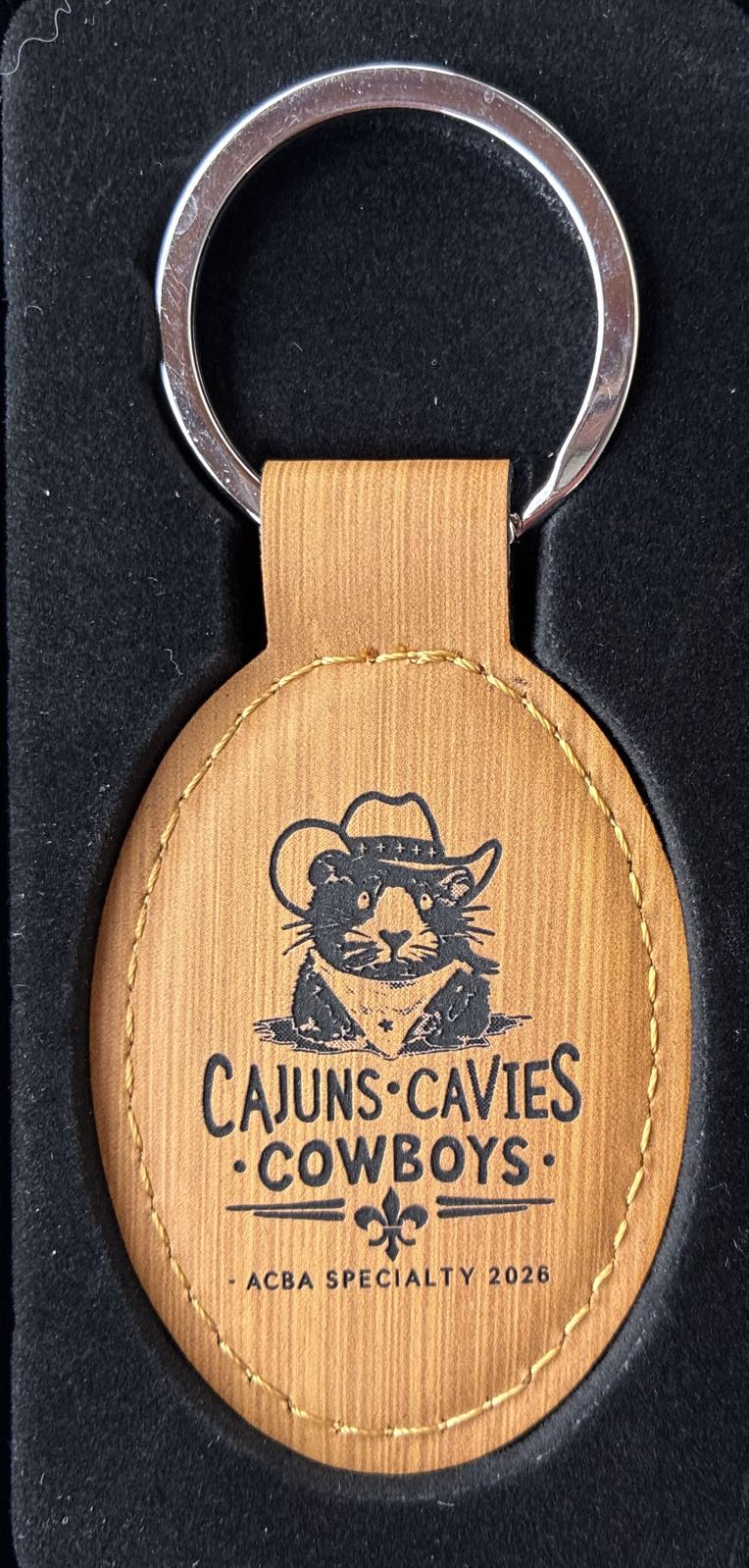 Leather engraved keychain with Cajuns Cavies Cowboys guinea pig design