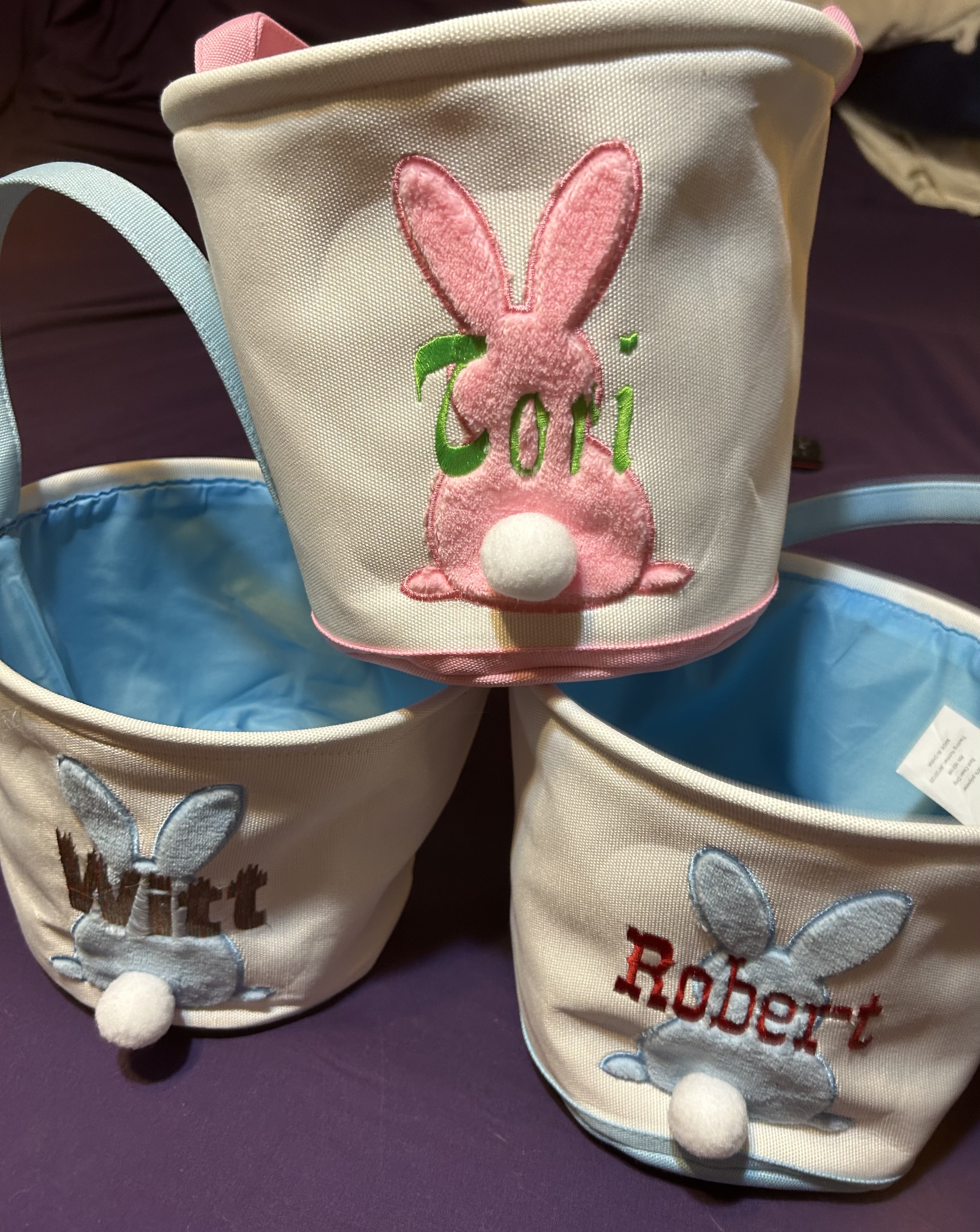 Three personalized Easter bunny bags with names Colt, Wyatt, and Robert