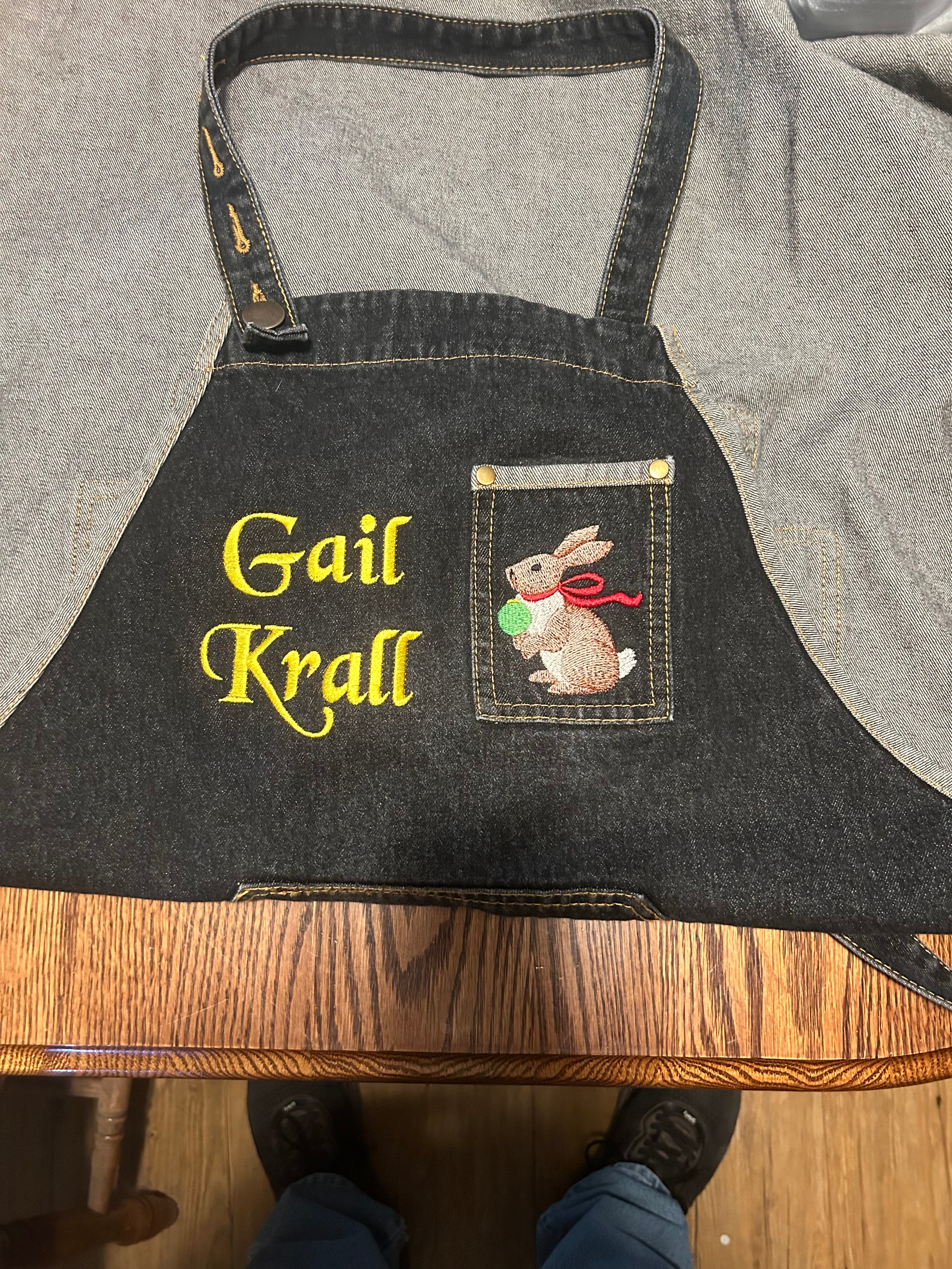 Custom embroidered denim apron with name and rabbit design