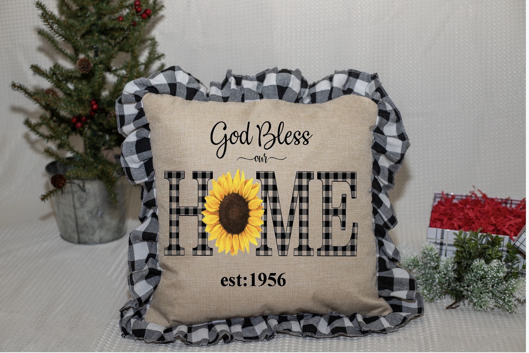 Burlap pillow with God Bless Our Home sunflower design