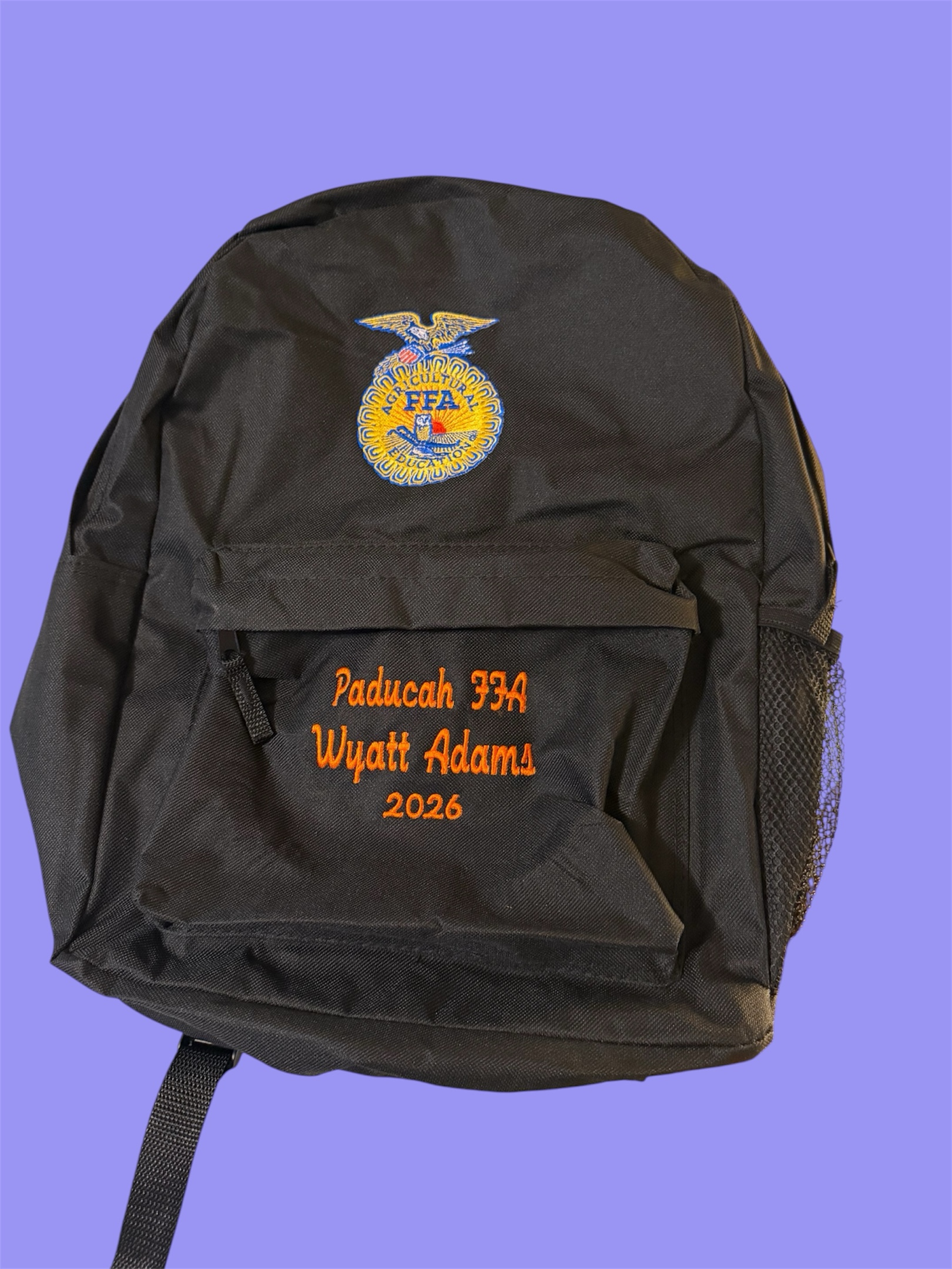 Black backpack with Paducah FFA emblem and personalized name