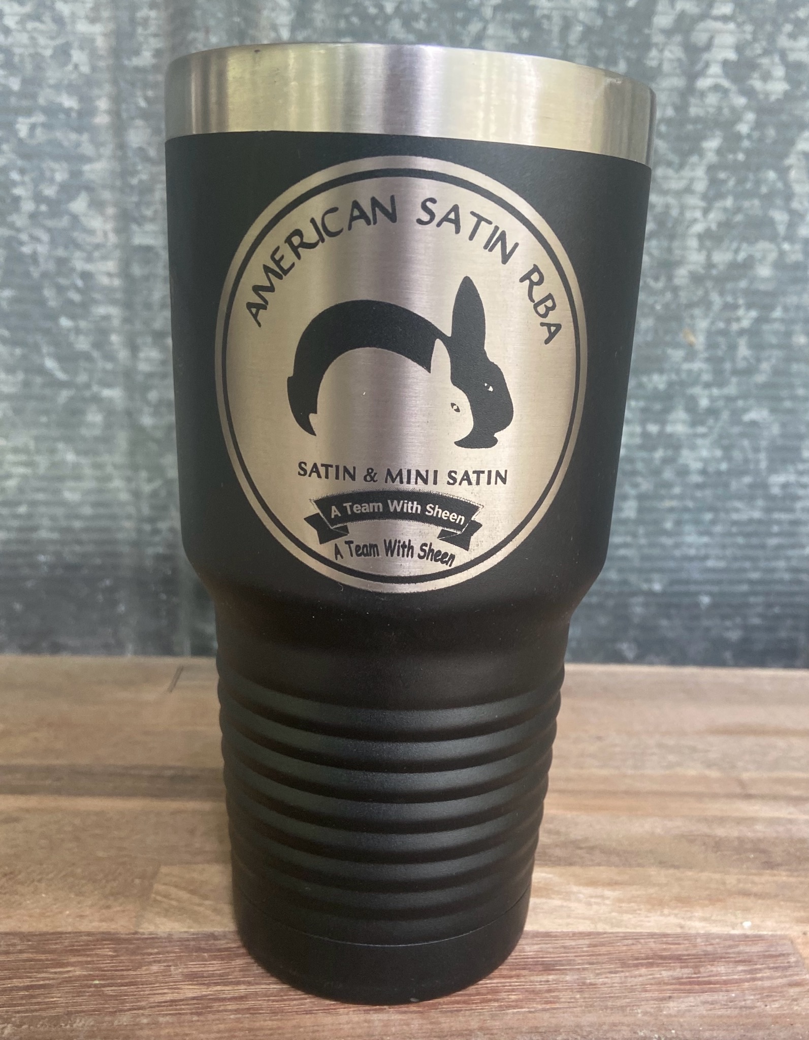 Black stainless steel tumbler with American Satin RBA logo engraving