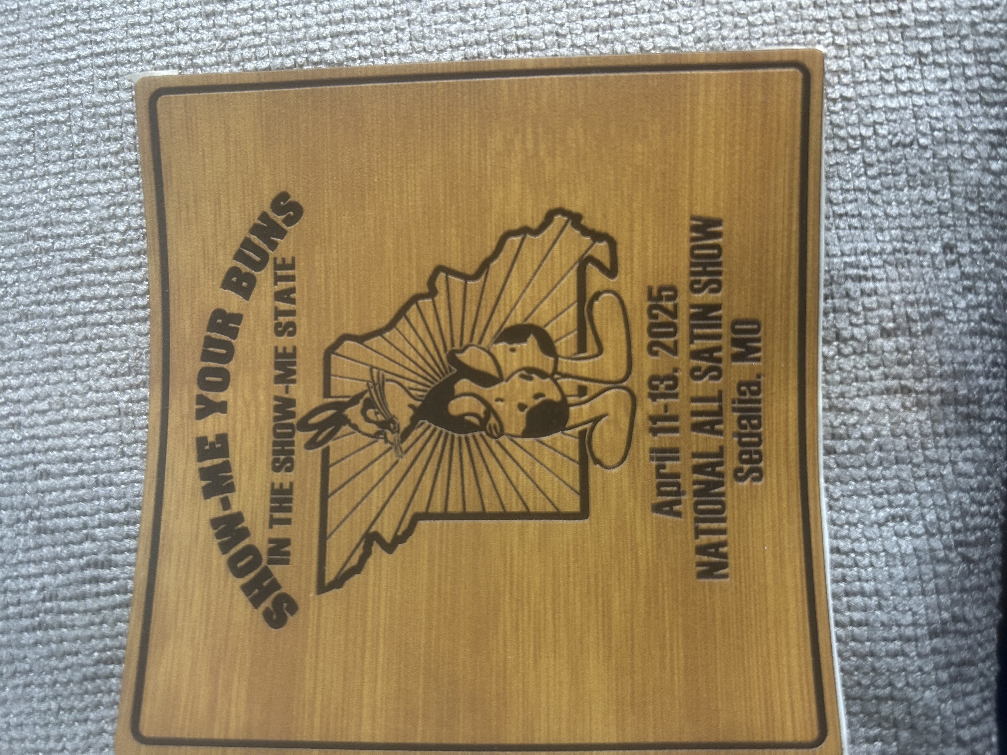Wooden engraved plaque for National All Satin Show in Missouri