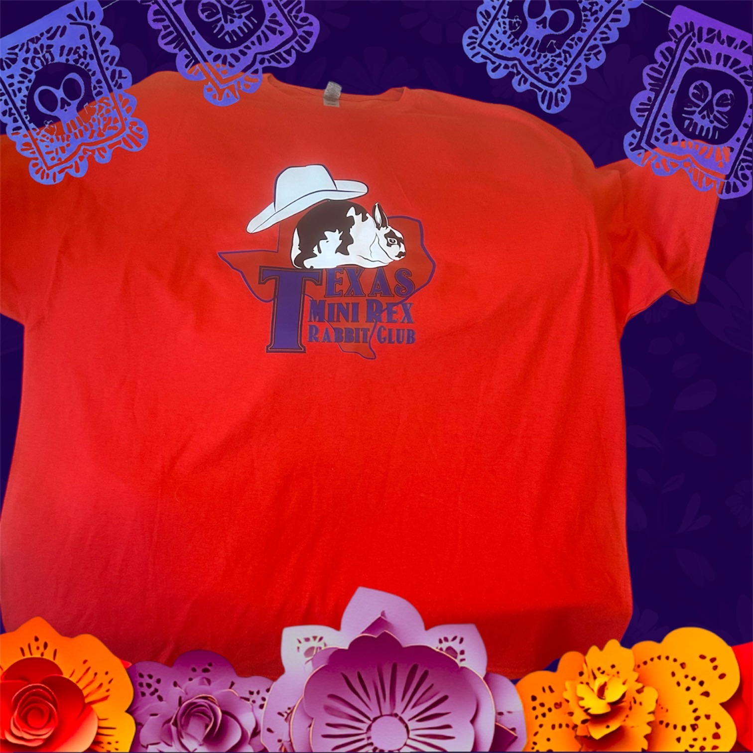 Orange t-shirt with Texas Mini Rex Rabbit Club design