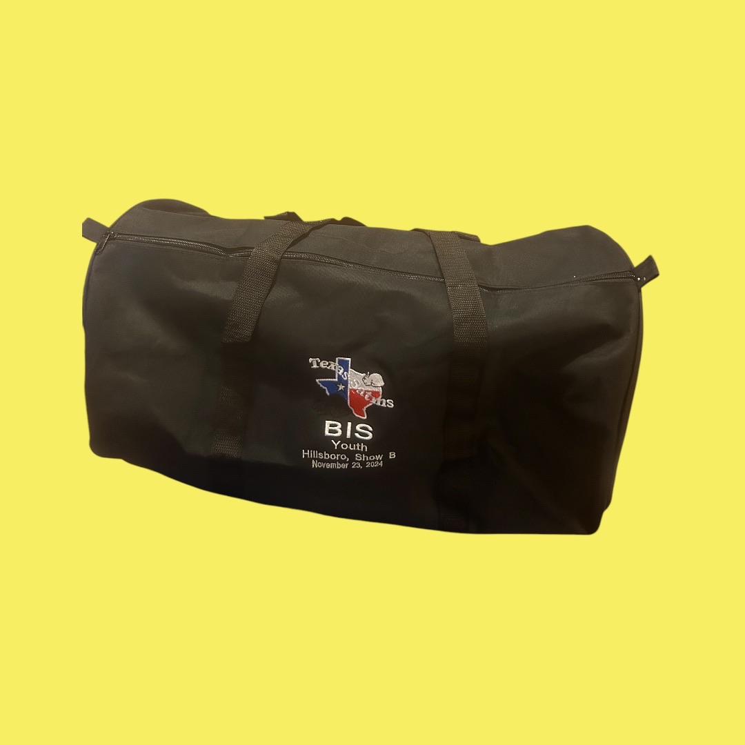 Black duffel bag with Texas RBA BIS Youth show embroidery